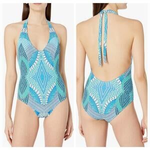 ECHO Swimsuit Size 10 One Piece Havana Geo Blue Low Back Halter Tie Swim Beach
